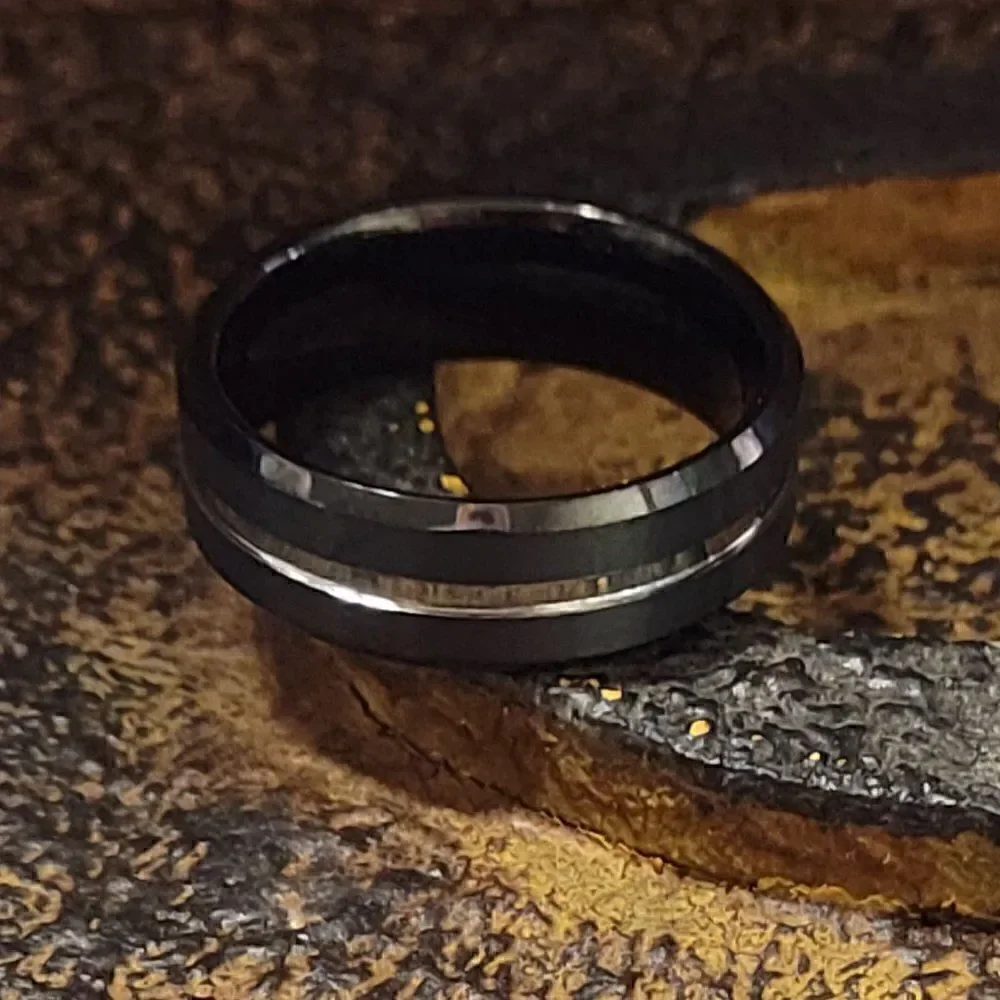 Men's Real Black Tungsten Wedding Ring With A Silver Filled Center Groove